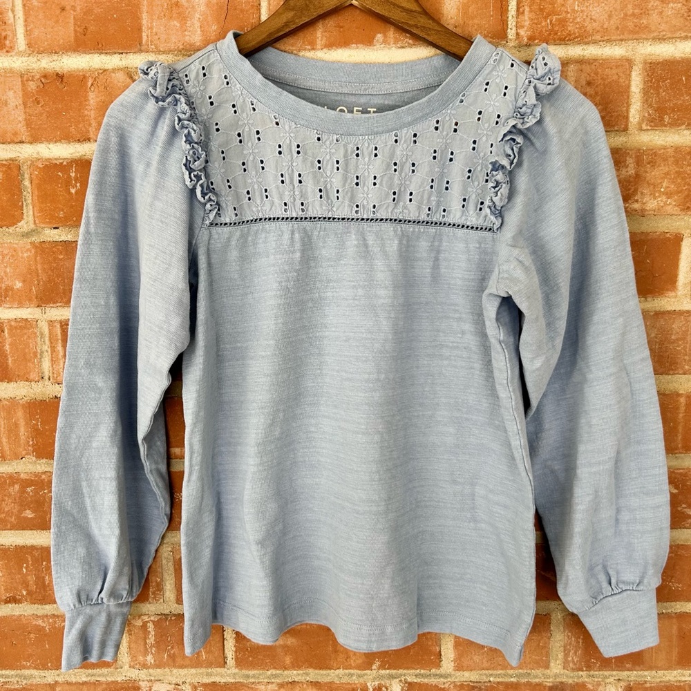 SP LOFT Petite Light Blue Eyelet & Ruffle Detail Top